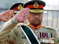 (FILES) In this photograph taken on November 27, 2007 Pakistani President General Pervez Musharraf salutes as he listens to the national anthem during the farewell ceremony at General Headquarters in Rawalpindi. Pakistan's ex-military ruler Pervez Musharraf was indicted August 20, 2013 on three counts over the murder of opposition leader Benazir Bhutto who died in a gun and suicide attack in December 2007.
AFP PHOTO/Aamir QURESHI/FILESAAMIR QURESHI/AFP/Getty Images (Newscom TagID: afplivefive283194.jpg) [Photo via Newscom]