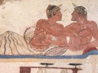 Symposium scene, circa 480-490 BC, decorative fresco from north wall of Tomb of Diver at Paestum, Campania, Italy, Detail of so-called lovers, 5th Century BC