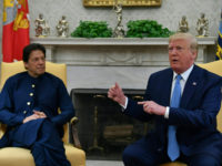 US President Donald Trump speaks during a meeting with Pakistani Prime Minister Imran Khan (L) in the Oval Office at the White House in Washington, DC, on July 22, 2019. (Photo by Nicholas Kamm / AFP)        (Photo credit should read NICHOLAS KAMM/AFP/Getty Images)