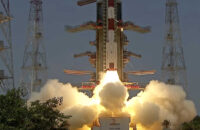 The screengrab from Indian Space Research Organisation (ISRO) Youtube channel shows the Aditya-L1 spacecraft lifts off on board a satellite launch vehicle from the space center in Sriharikota, India, Saturday, Sept. 2, 2023. (Indian Space Research Organisation via AP)